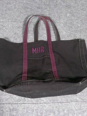 VTG LL Bean Boat And Tote XL Black Canvas Purple Handles Made USA Monogram MHR